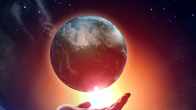 Hand of businessman holding earth planet against illustration background